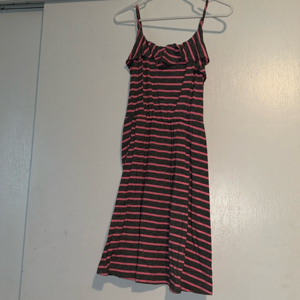 Medium sun dress with spaghetti straps, grey & pink stripes